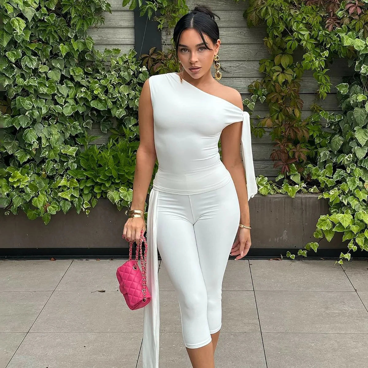 White One Shoulder Tie Up Top And Knee Length Pant Set