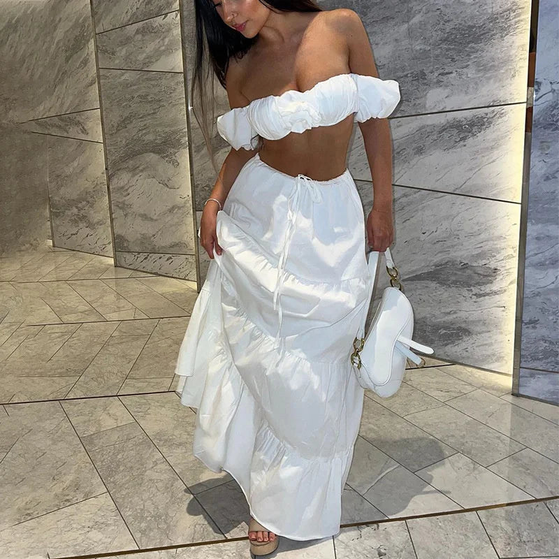 Flower Puff Sleeve Ruffles Crop Top And Maxi Skirt Set