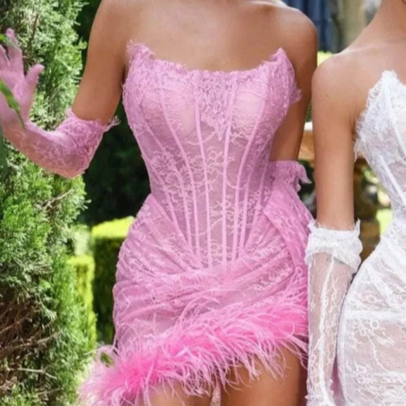 Lace Strapless Corset Gloves Mini Dress