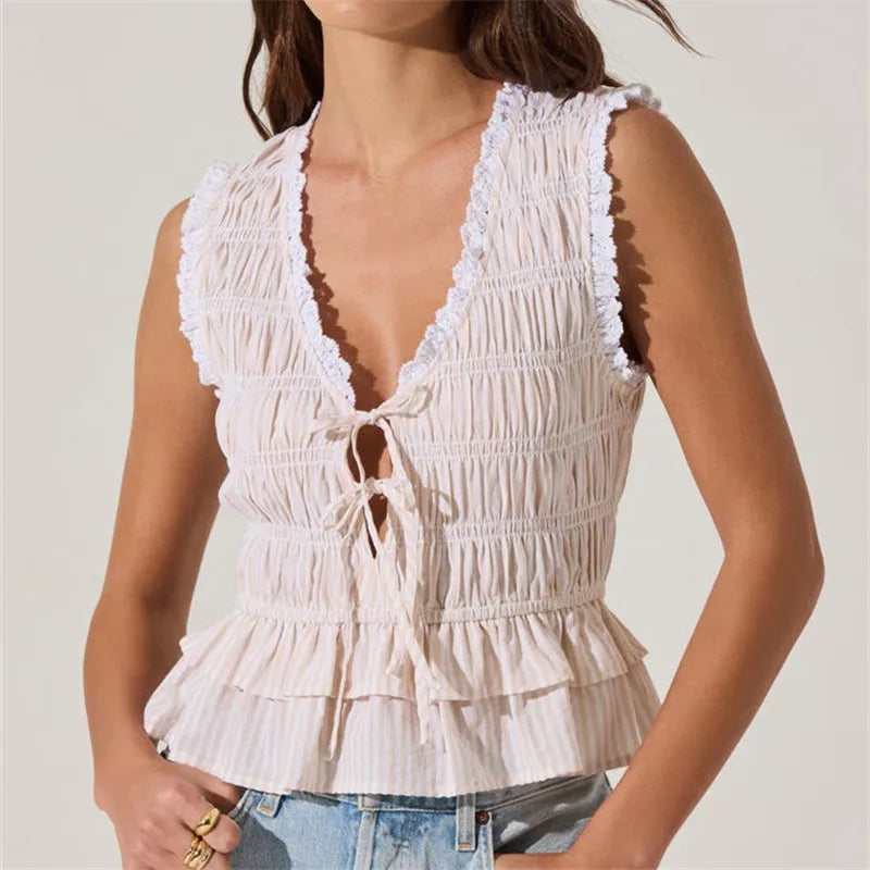 Sleeveless V Neck Bow Smocked Crop Top