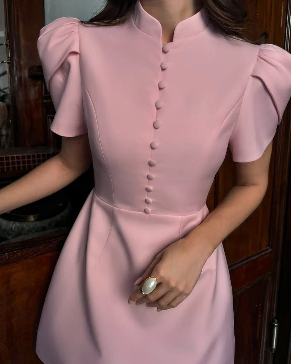 Structured High Neck Buttoned Mini Dress