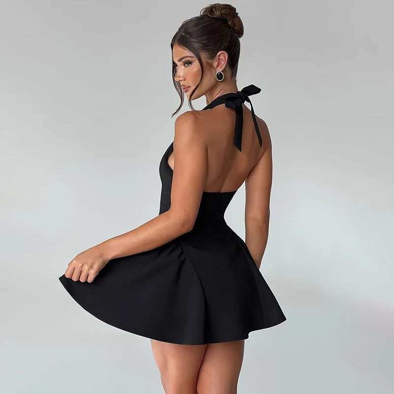 Deep V-Halter Backless A-line Mini Dress