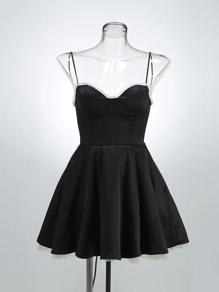 Satin Tulle Frill Strap Mini Dress