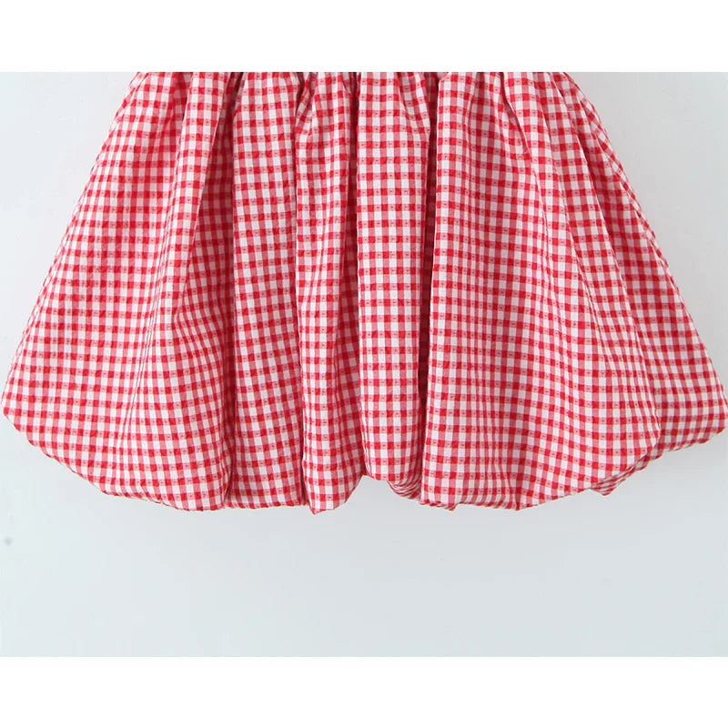 Red Plaid Puff Ruched Mini Dress