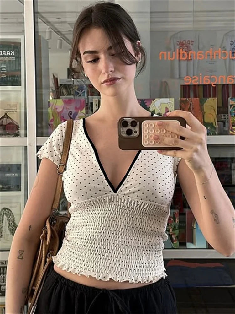 White V-Neck Printed Short Sleeve Top - Regular Fit