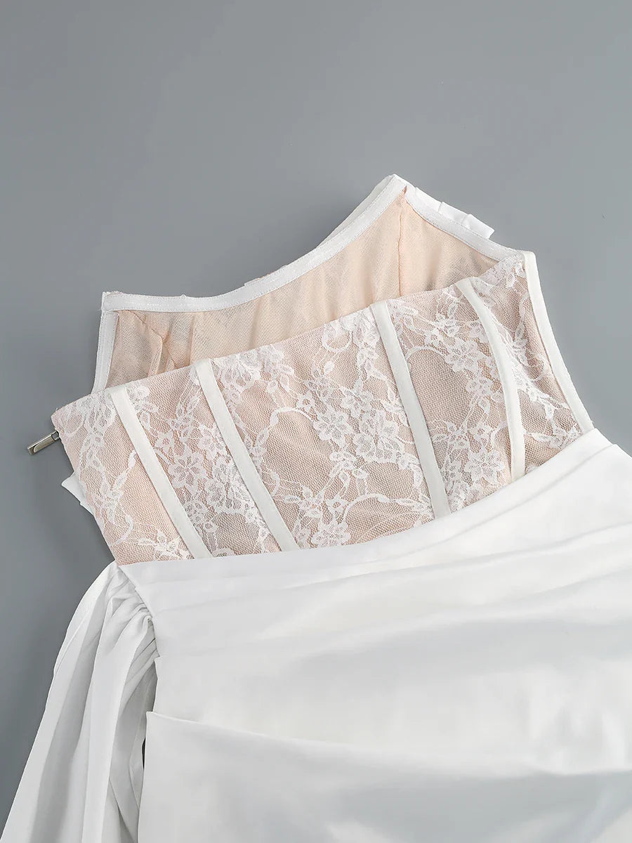 Lace Corset Cut Out Satin Draped Gloves Midi Dress