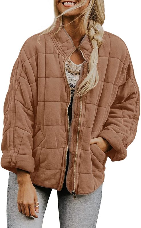 Solid Color Quilted Cotton Jacket with Loose Pockets and Long Sleeves