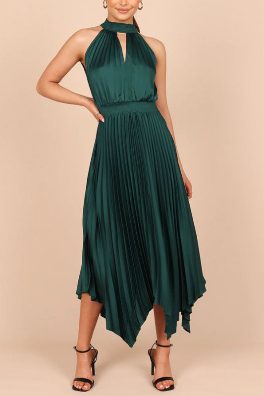 Folded Solid Color Sleeveless Halterneck V-neck Irregular Skirt Dress