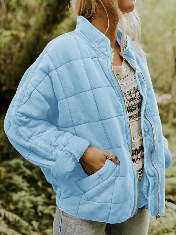 Solid Color Quilted Cotton Jacket with Loose Pockets and Long Sleeves