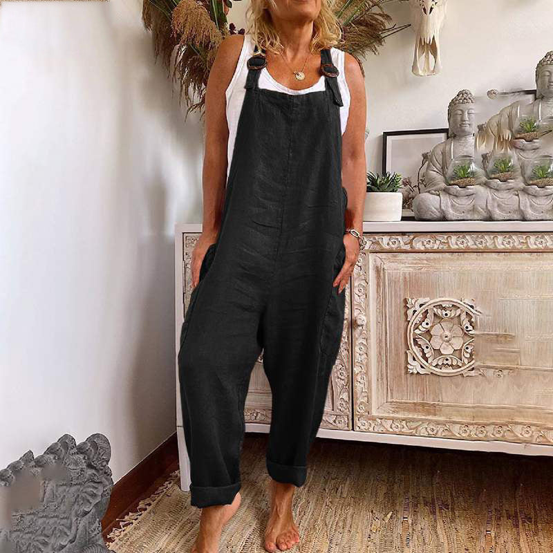 Wide-leg jumpsuit women's adjustable buckle cotton and linen pocket overalls