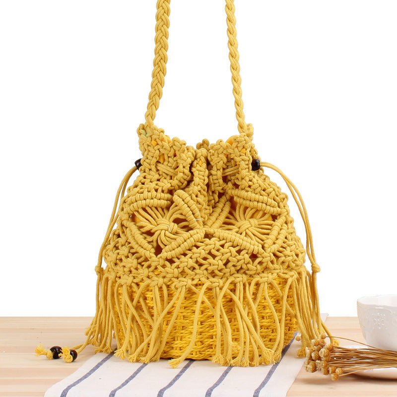 Bucket Woven Bag Hand-stitched Hollow Cross-body Straw