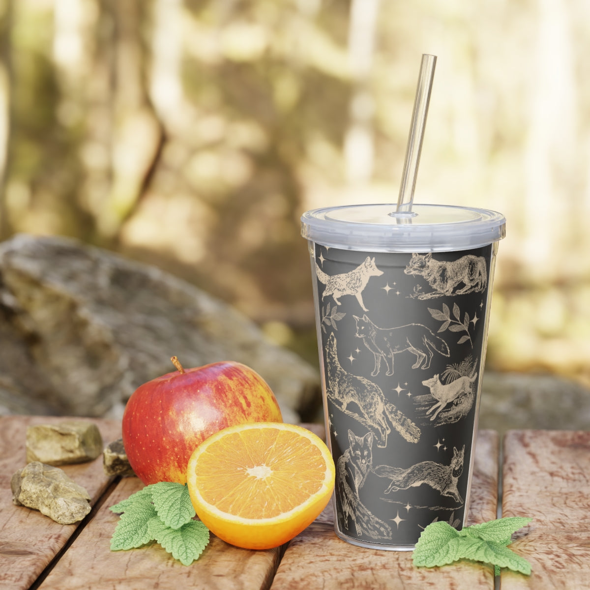 Black Fox Plastic Tumbler with Straw, Trendy Fox Lover Favorite Animal Iced Coffee Tumbler