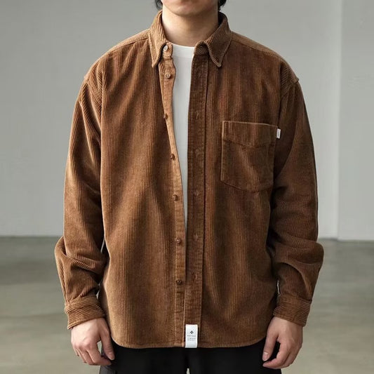 Vintage Corduroy Shirt Men Loose Cargo Shirt Coat