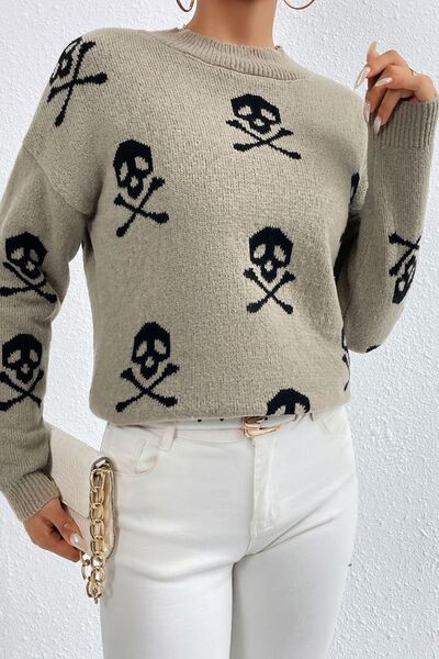 Printed Mock Neck Dropped Shoulder Sweater