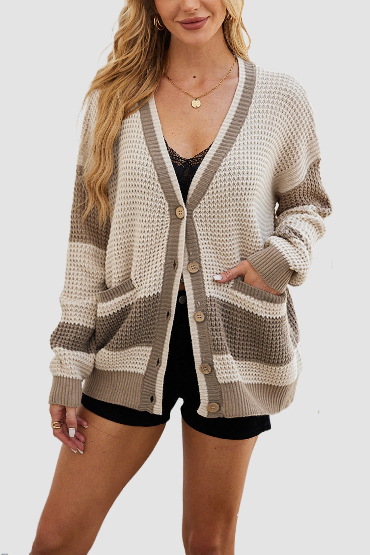 Knitted Coat Full Size Pocket Color Matching Cardigan Sweater