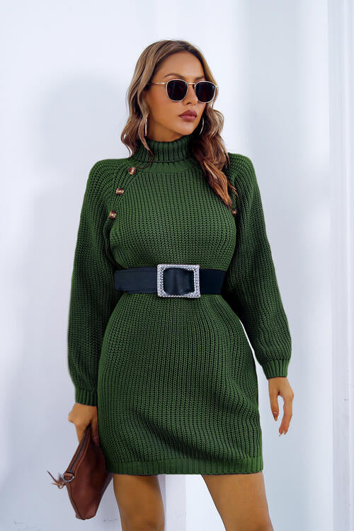 Buttoned Turtleneck Long Sleeve Sweater Dress