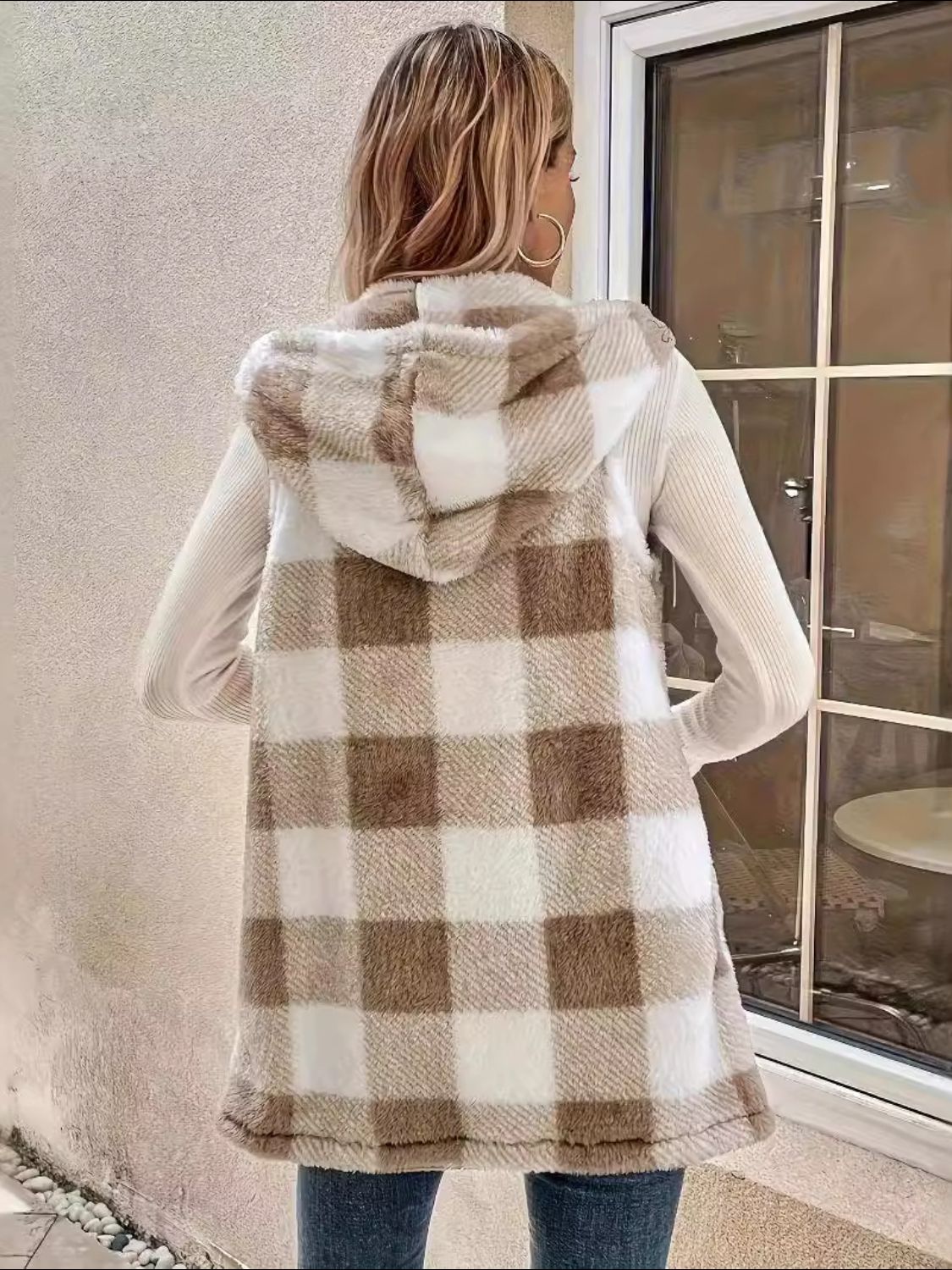 Fuzzy Plaid Hooded Vest Coat