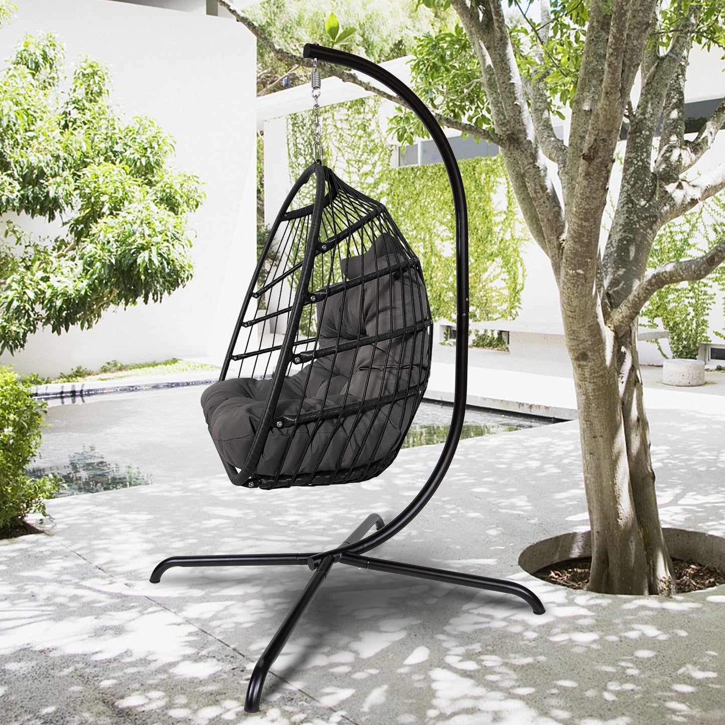 Swing Egg Chair With Stand Indoor Outdoor Wicker Rattan Patio Basket Hanging Chair With C Type Bracket , With Cushion And Pillow