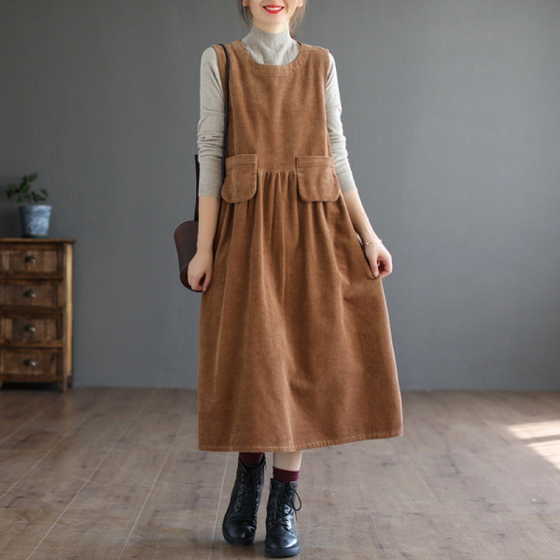 Corduroy Mid-length Dress Women's Artistic Over Size Pocket Sleeveless Vest Dress