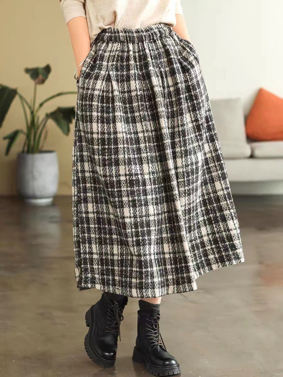 Elastic High Waist Woolen Cloth Plaid A- Line Skirt