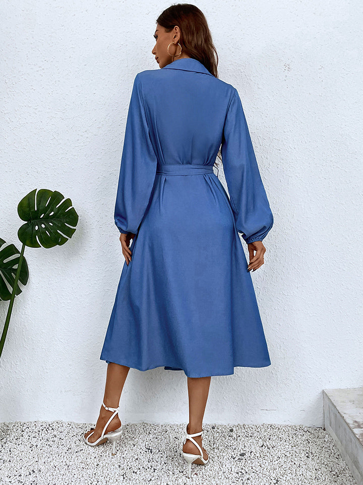 Blue Button-Down Tie Waist Collared Neck Dress