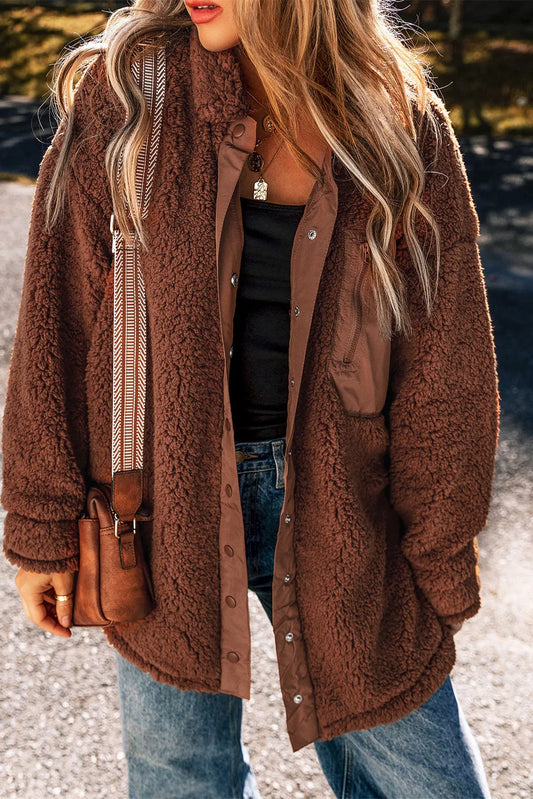 Fuzzy Snap Down Dropped Shoulder Jacket