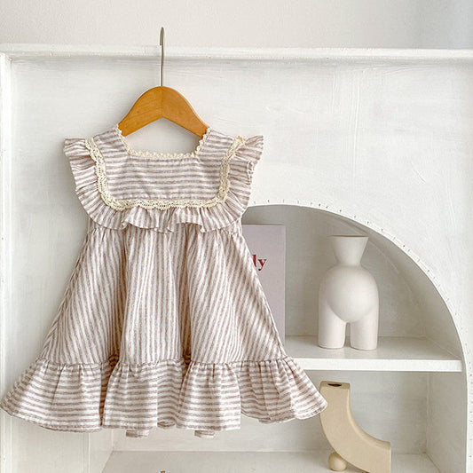 Striped Ruffled Girls' Loose Temperament Dress