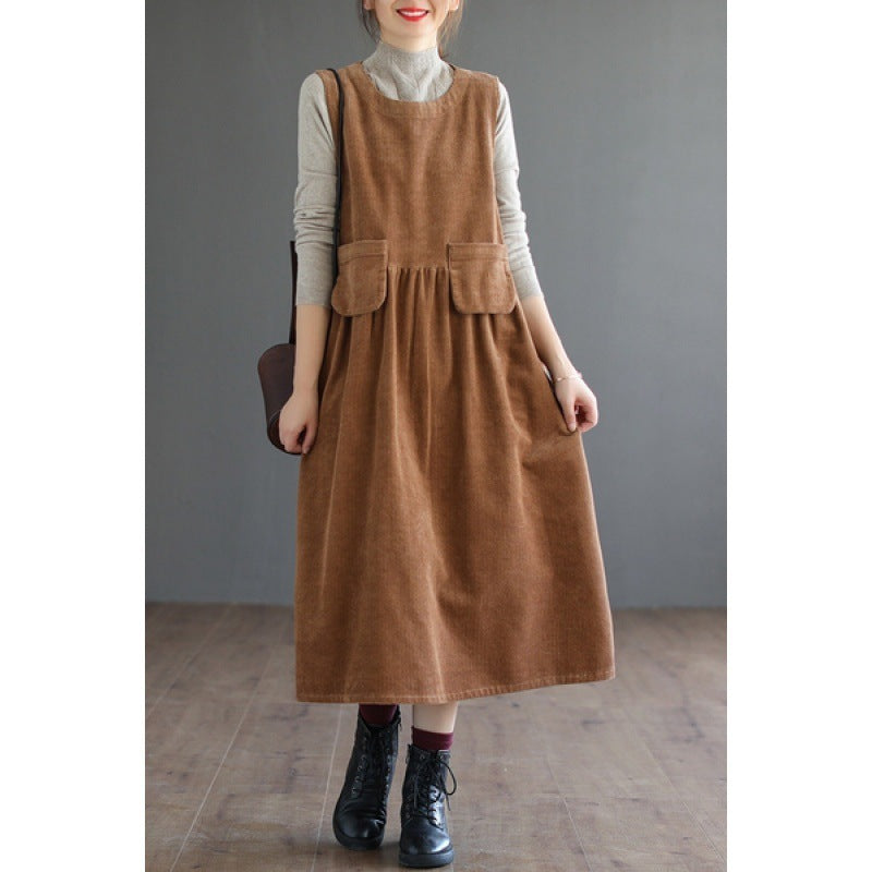 Corduroy Mid-length Dress Women's Artistic Over Size Pocket Sleeveless Vest Dress