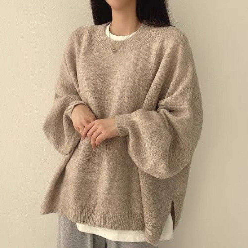 Crew Neck Pullover Lantern Sleeve Loose Sweater For Women