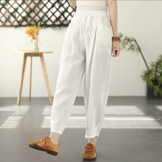 Women's Fashion Literary Cotton Linen Solid Color Lace Patch Harem Pants