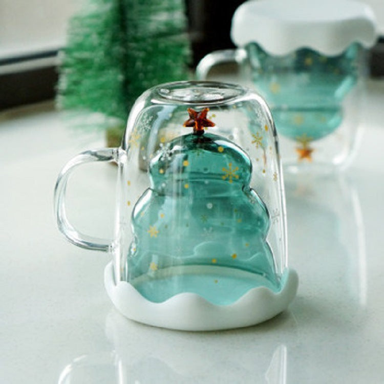 Double Heat Resistant Glass Coffee Cup Christmas Tree With Handle And Lid Milk