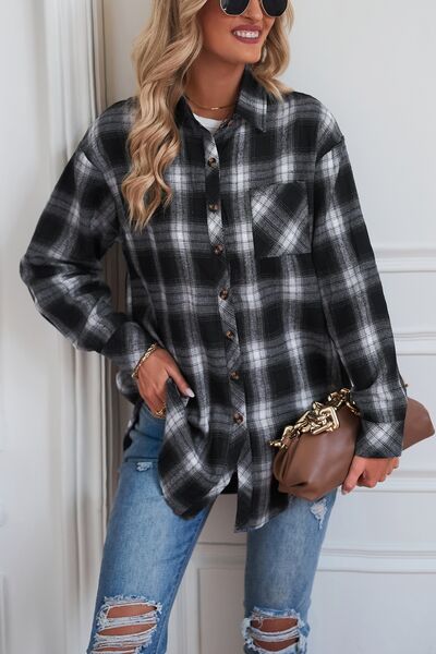 Plaid Button Up Dropped Shoulder Outerwear