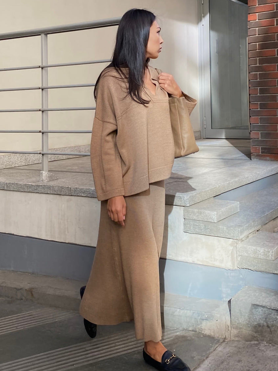 Fashion Simple V-neck Loose Sweater Suit