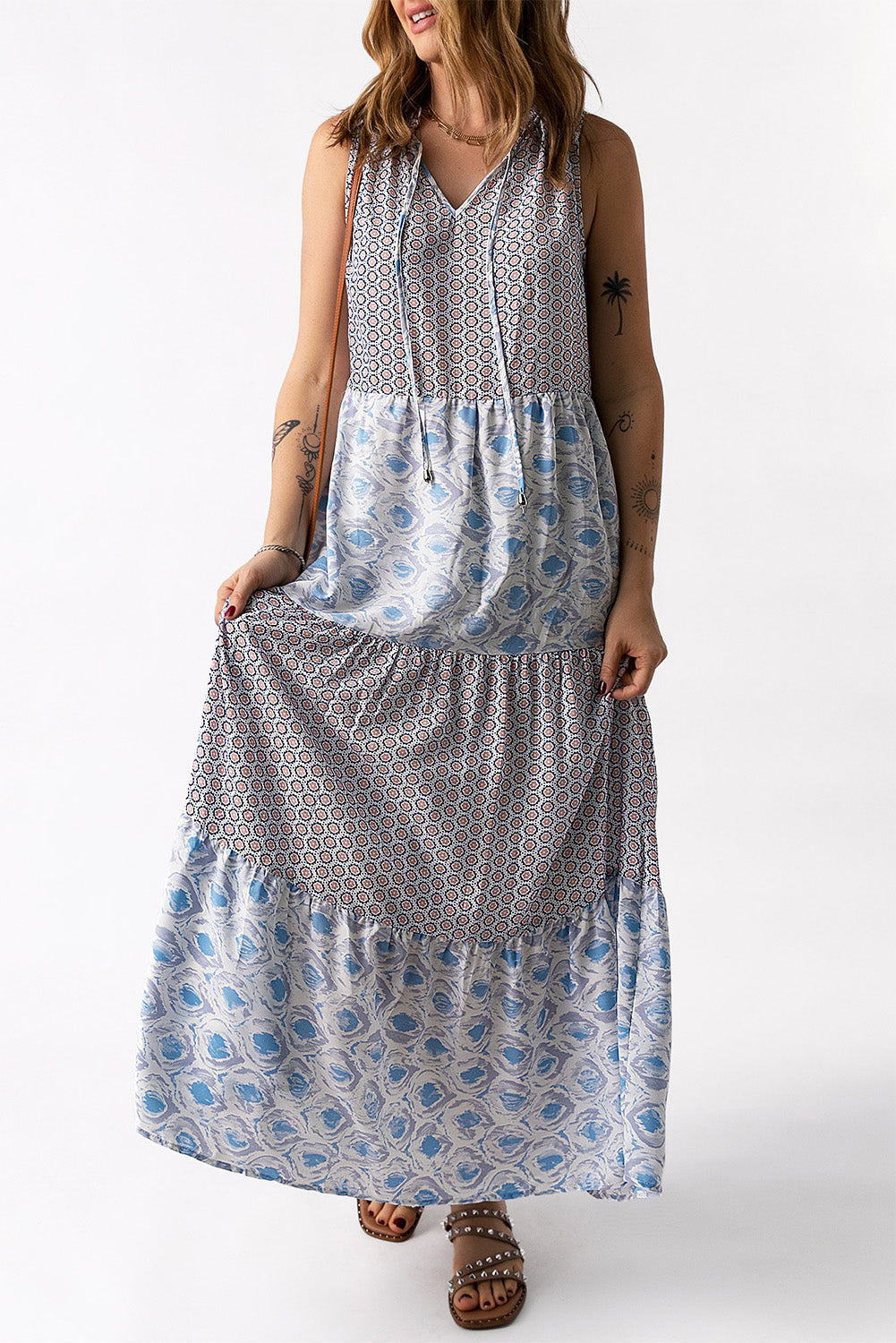 Patchwork Mixed Print Tie-Neck Sleeveless Maxi Dress