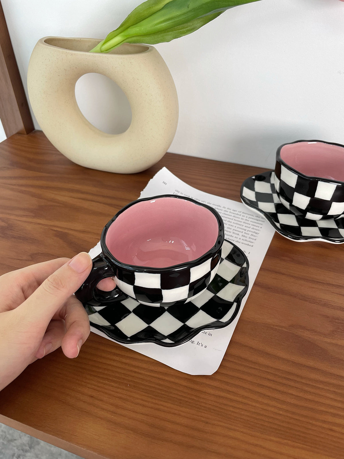 Black And White Checkerboard Mug Creative Mug and Saucer