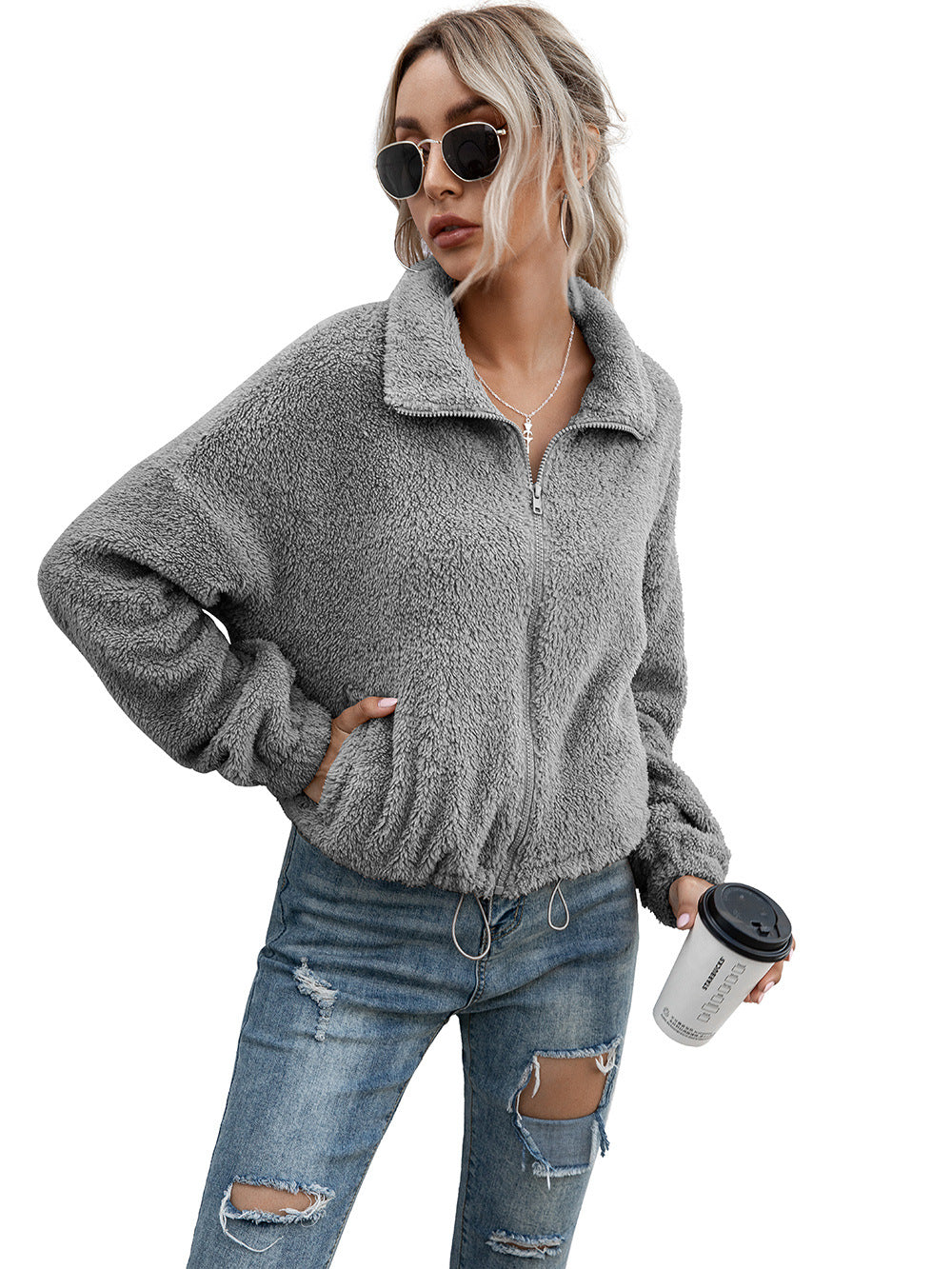 Double Sided Plush Lapel Cropped Top Drawstring Sweater Jacket Women