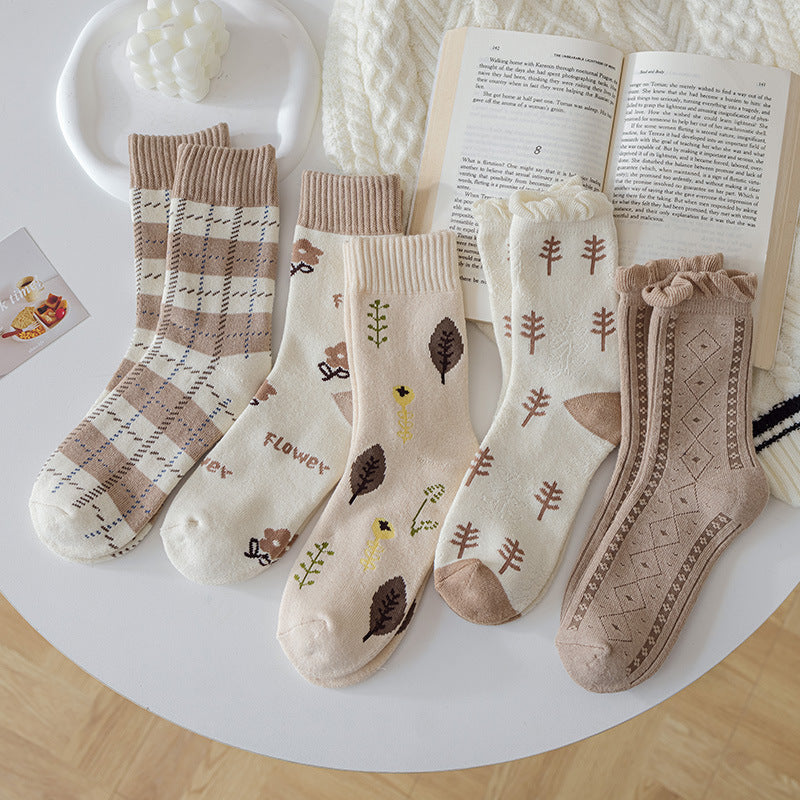 Socks Female Coffee Color System Wool Ring Plaid Towel Casual Thickened Warm Mid-tube Socks