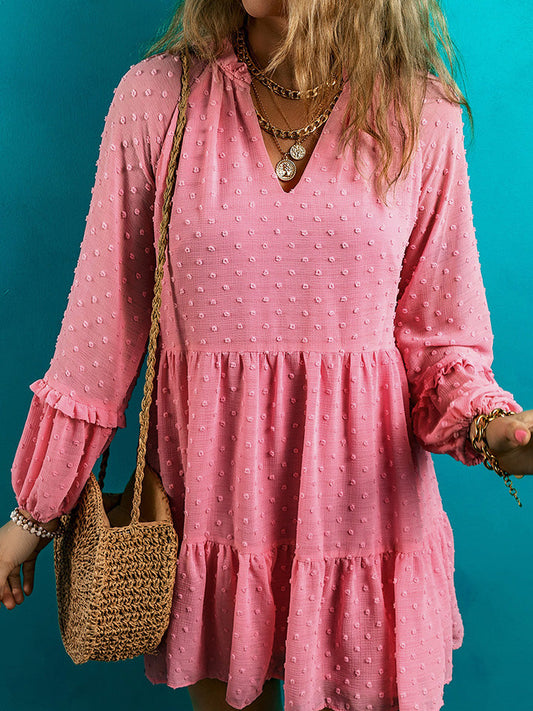 Pink Swiss Dot V-Neck Long Sleeve Mini Dress