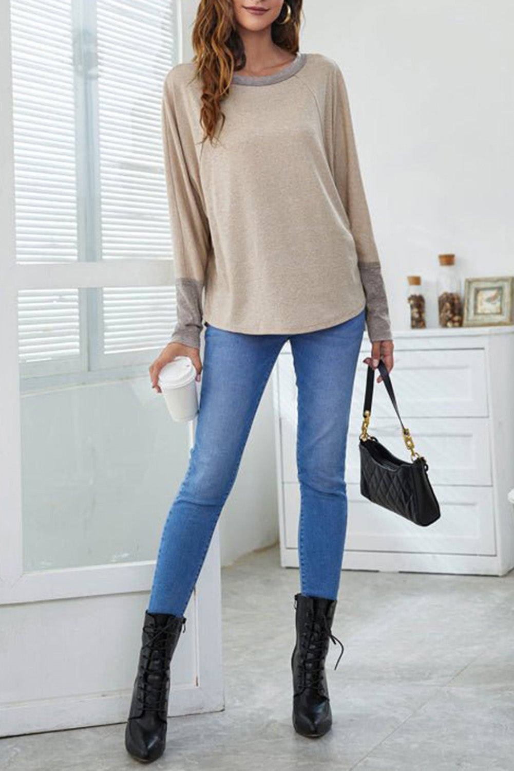 Beige Round Neck Long Sleeve T-Shirt