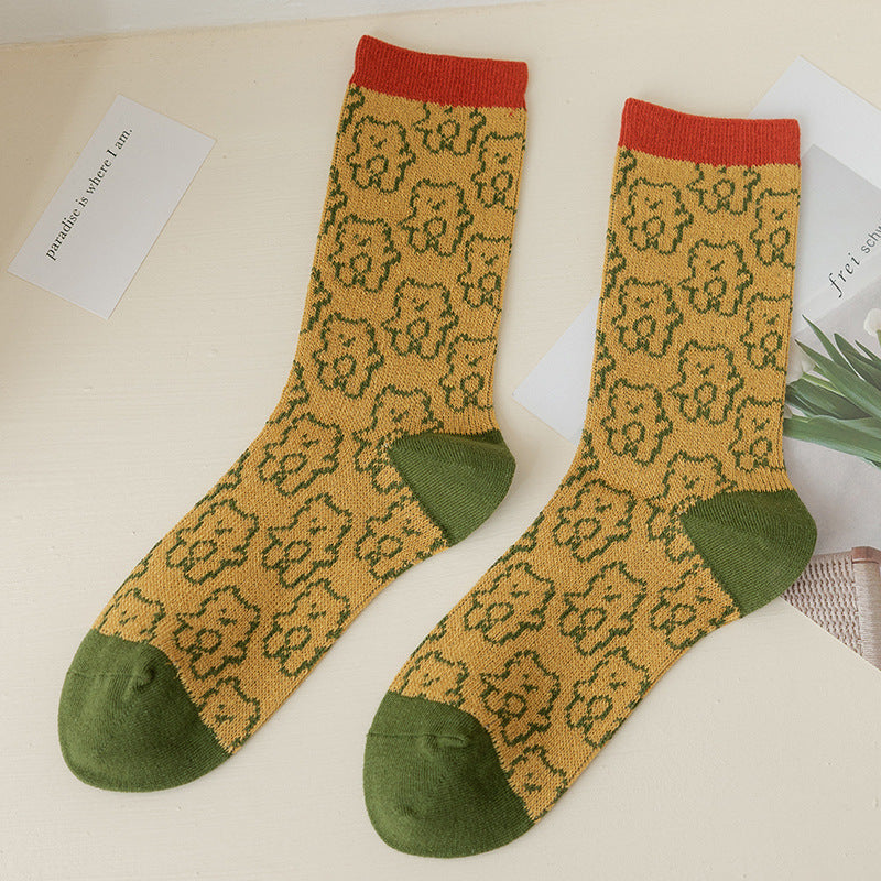 Green Department Diamond Flower Double Needle Double Way Women's Mid-thigh Socks