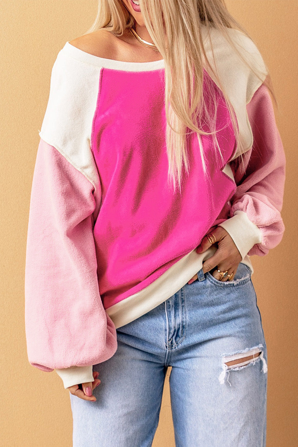 Round Neck Dropped Shoulder Color Block Sweatshirt