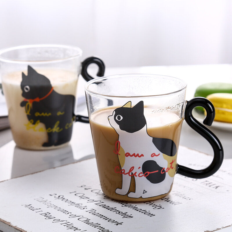 Kitchen Home Cute Cat Glass Juice Coffee Cup Milk Tea Cat Tail Handle Cat Valentine's Day Lover Gifts