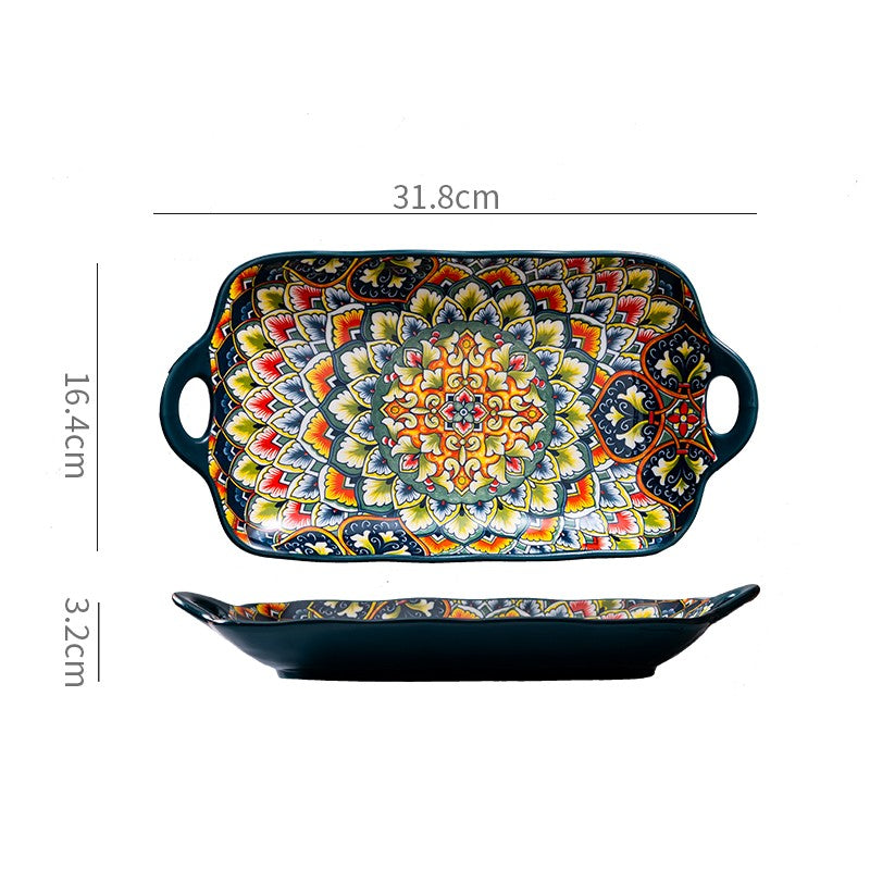 Bohemian Double Ear Ceramic Household Steamed Fish Plate