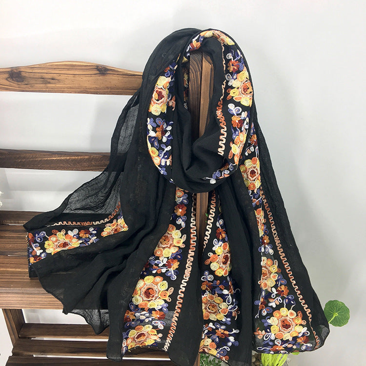 Embroidered Cotton And Linen Scarf Shawl