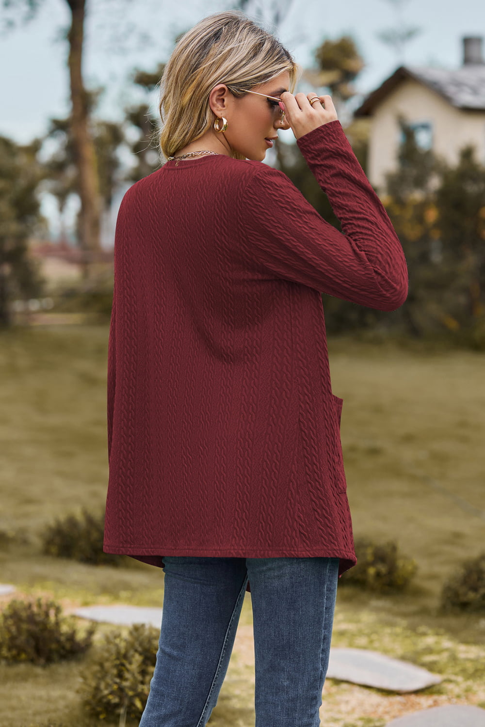 Cable-Knit Long Sleeve Cardigan with Pocket