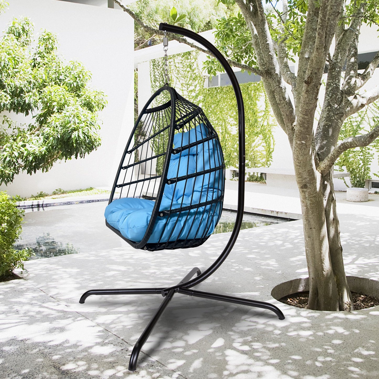 Swing Egg Chair With Stand Indoor Outdoor Wicker Rattan Patio Basket Hanging Chair With C Type Bracket , With Cushion And Pillow