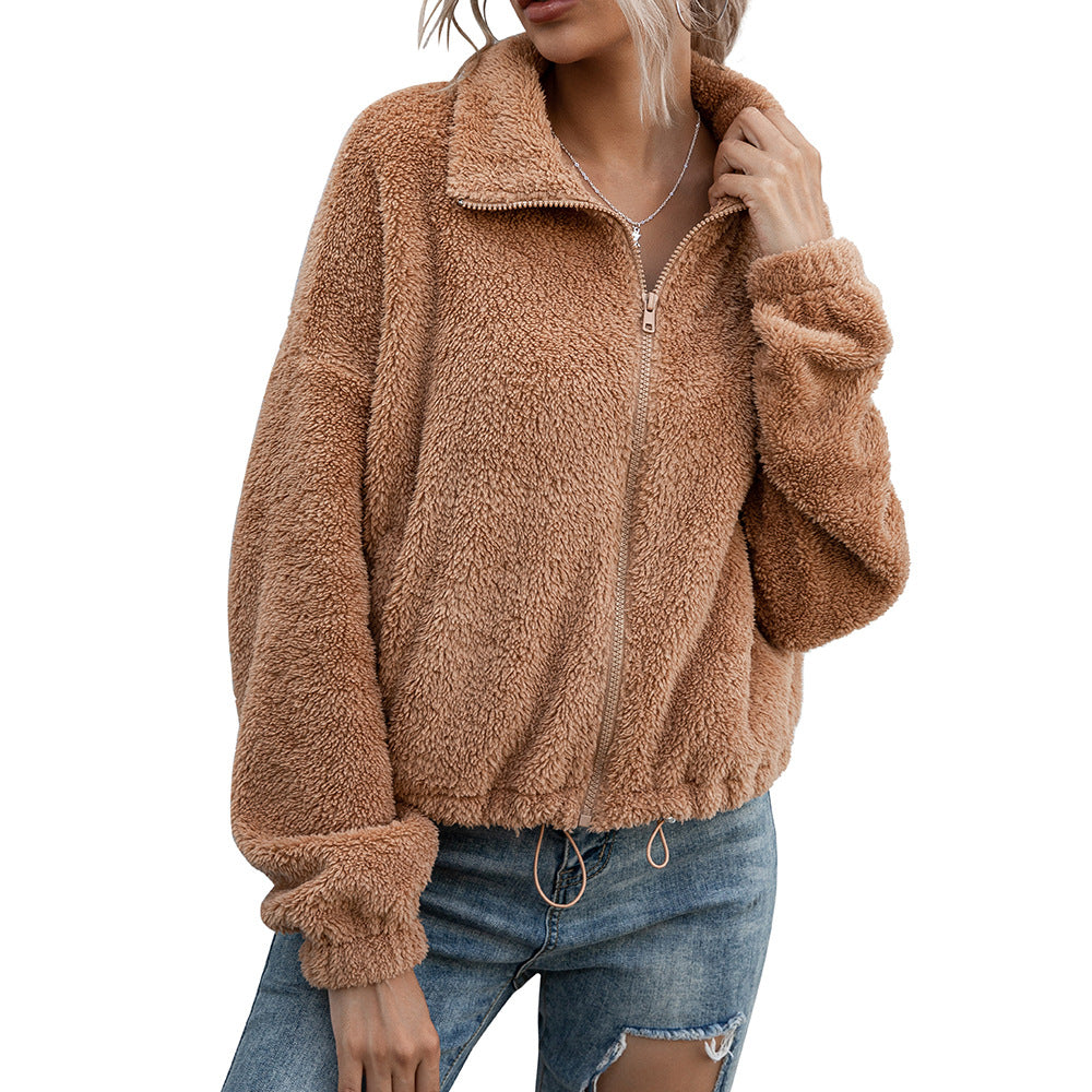 Double Sided Plush Lapel Cropped Top Drawstring Sweater Jacket Women