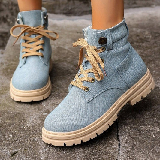 Lace-up Denim Ankle Boots Women Fashion Platform Boots