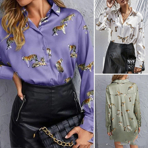 Printed Long-sleeved Lapel Single Breasted Tiger Print Shirt