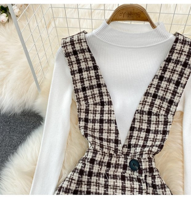 Woolen Plaid Suit Skirt Female Strap Dress Two-piece Sweater